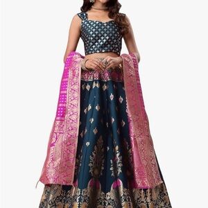 Blue and Pink Embroidered Lehenga Choli
